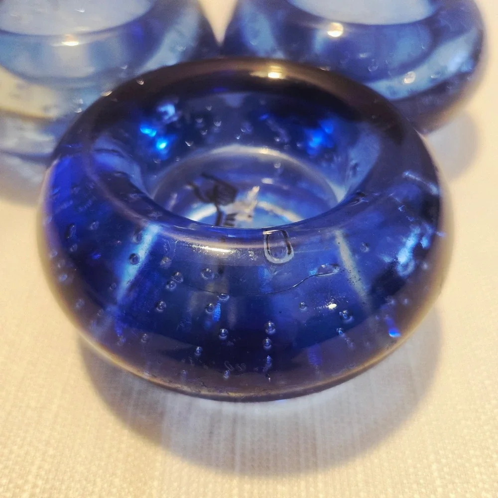 3 IKEA Blue Art Glass Controlled Bubble Paperweight Tea‎ light Candle Holder Set